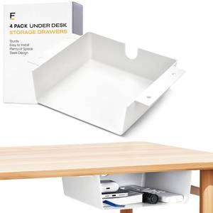 lot 1740 image: OrgaFocus 4 Pack Under Desk Hanging Shelf Drawer Organizer, Attachable Plastic Hidden Storage Tray, Easy Adhesive Mount Holder for Standing Tables, Office, Counters, Cabinets, Workstations - White - Retail $28