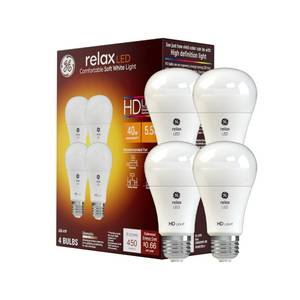 lot 1790 image: TWO PACK GE Relax LED Light Bulbs, 40 Watt, Soft White, A19 (2 Pack) - Retail $11