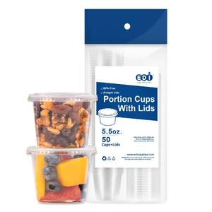 lot 1812 image: 5.5 OZ, 50 Sets EDI Clear Disposable Plastic Portion Cups with Leakproof Lids  Jello ShotSouffle Cups Condiment and Dipping Sauce Cups  BPA Free  Recyclable - Retail $10