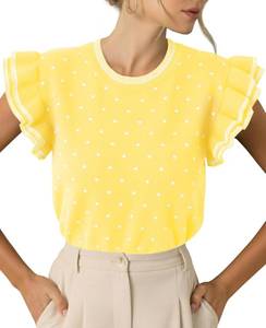 lot 1822 image: Saodimallsu Womens Short Sleeve Sweaters Polka Dots Ruffle Knit Tops Yellow Small - Retail $25
