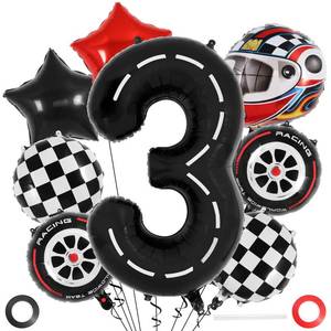 lot 1826 image: Race Car 3 Balloons, 40 Inch Racetrack Number 3 Balloon, Large Foil Mylar Racetrack Black 3 Balloon for 3 Year Old Birthday Race Car Themed Party Decoration - Retail $8