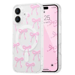 lot 1844 image: UEEBAI Magnetic for iPhone 16 Case, Bow Case Compatible with MagSafe, Wireless Slim Clear Ribbon Aesthetic Phone Cover Anti-Yellowing Shockproof Protective Cover for Women Girl - Pink - Retail $10