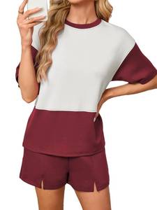 lot 1855 image: Famulily Womens 2 Piece Lounge Sets Casual Contrast T-shirt and Shorts Matching Summer Loose Sweatsuits Set Red L - Retail $20