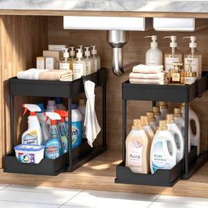 lot 1858 image: DEKAVA Under Sink Organizer 2 Pack, Bathroom Cabinet Organizer, 2 Tier Sliding Cabinet Basket Organizer Drawer, Multi-Purpose Bath Collection Baskets for Bathroom (Black) - Retail $28
