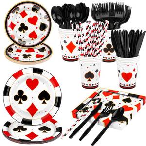 lot 1859 image: durony 147 Pieces Casino Theme Party Supplies Tableware Set, Includes Plates, Napkins, Cups, Staws, and Cutlery for Las Vegas Game Night Poker Theme Party Decorations Serves 16 Guests - Retail $18