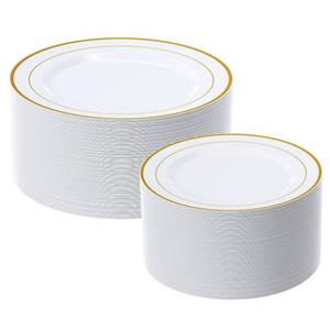lot 1874 image: FOCUSLINE Gold Plastic Plates Set of 60, Disposable Plates with Gold Rim - Retail $27