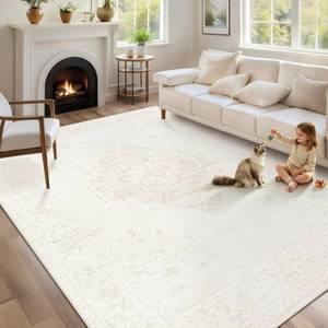 lot 1881 image: Washable Rugs 5x7 Living Room Rug Vintage Neutral Area Rugs Soft Non-Slip Indoor Low Pile Carpet for Bedroom Dining Room Nursery Office (Beige, 5x7) - Retail $59