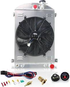 lot 131555 image: Retails for $379 4 Row Core Aluminum Radiator with 16 Fan wShroud & Thermostat Relay Kit for 1930-1936 32 Ford MODEL A Hot Rod Chevy V8 Engine
