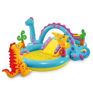 lot 59802 image: Intex 11ft x 7.5ft x 44in Dinoland Play Center Kiddie Inflatable Swimming Pool, VISIBLE USE. - Retail $70