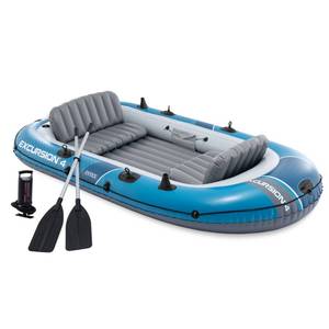 lot 59808 image: Intex 66324ep Excursion 4 Inflatable Boat Set WOars, Pump, Adjustable Seats & Rod Holders - Retail $160