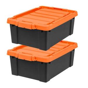 lot 59817 image: IRIS USA 11 Gallon Lockable Storage Totes with Lids  2 Pack - Orange Lid  Heavy-Duty Durable Stackable Containers  Large Garage Organizing Bins Moving Tubs  Rugged Sturdy Equipment Utility Tool Box - Retail $57