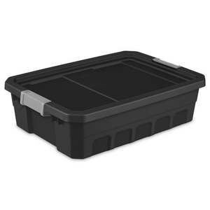 lot 59821 image: Sterilite 10 Gallon Stacker Tote  Durable Plastic Bin with Latch Lid, Top Side has a Crack. - Retail $20