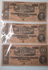 lot 406 image: Confederate States of America Ten Dollars $10 Currency Notes Lot of 3
