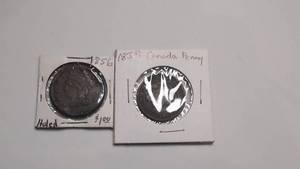 lot 521 image: 1856 Large Cent and 1857 Canada Penny Coins Lot of 2