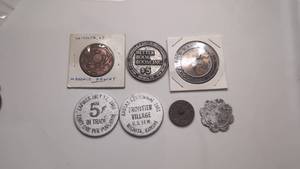 lot 528 image: Lot of 7 Tokens Wichita Kansas Masonic Penny Better Book Room Frontier Village