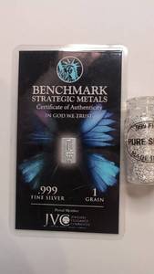 lot 539 image: Benchmark Strategic Metals 999 Fine Silver 1 Grain Bar Certificate of Authenticity