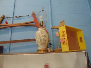 lot 3532 image: Contents of Shelf - Lamp Bow saw and more