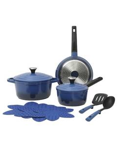 lot 1001 image: Oster Platinum Amberton 10-Piece Cast Aluminum Nonstick Cookware Set - Blue - Induction Ready
