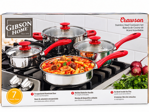 lot 1008 image: Gibson Home Crawson 7-Piece Stainless Steel Cookware Set- Red Handles &amp Glass Lids