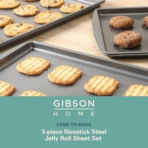 lot 1016 image: Gibson Home Love-To-Bake 3-Pc Nonstick Steel Jelly Roll Baking Sheet Set - Gray&nbsp