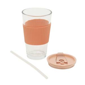 lot 1030 image: Mr. Coffee Sip Savvy 15-Oz Glass Tumbler with Lid &amp Straw Pink&nbsp