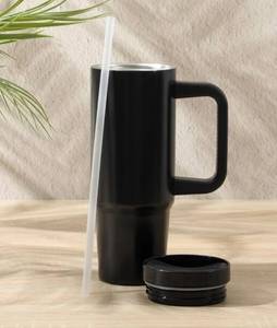 lot 1038 image: Gibson Home Marina 29-Oz Stainless Steel Thermal Tumbler with Side Handle &amp Straw -Black&nbsp