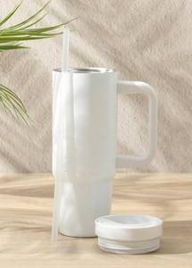 lot 1043 image: Gibson Home Marina 29-Oz Stainless Steel Thermal Tumbler with Side Handle &amp Straw- White&nbsp