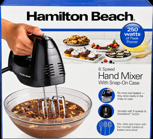 lot 1067 image: Hamilton Beach 62683G 6-Speed Hand Mixer w Snap-On Storage Case-Black