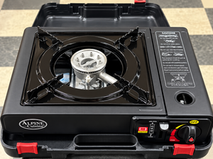 lot 1076 image: Alpine Cuisine Portable Butane Gas Stove -Single Burner w Carrying Case- Black&nbsp