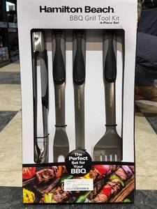 lot 1082 image: Hamilton Beach 4- Piece Stainless Steel BBQ Grill Tool Kit- New