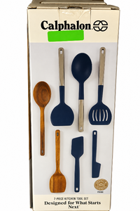 lot 1088 image: Calphalon Prime 7-Piece Silicone &amp Teak Wood Kitchen Tool Set- Navy Blue