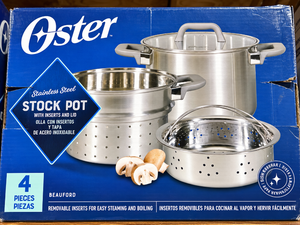 lot 1089 image: Oster Beauford 4-Piece 5 Qt Stainless Steel Stock Pot w Steamer &amp Strainer Inserts  Lid&nbsp