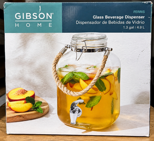 lot 1090 image: Gibson Home Ferris 1.3-Gallon Glass Beverage Dispenser w Spigot &amp Rope Handle&nbsp