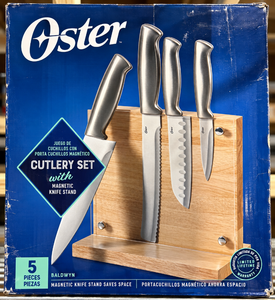 lot 1091 image: Oster Baldwyn 5-Piece Stainless Steel Cutlery Set w Magnetic Wood Knife Stand&nbsp