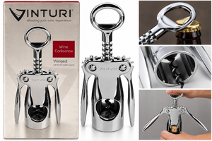 lot 1101 image: Vinturi V9032 Winged Wine Corkscrew with Built-In Bottle Opener - Chrome&nbsp