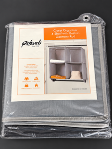 lot 1105 image: Richards 4-Shelf Hanging Closet Organizer w Built-In Garment Rod -Oyster Gray