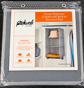 lot 1108 image: Richards 3-Shelf Hanging Closet Organizer w Built-In Garment Rod-Oyster Gray&nbsp