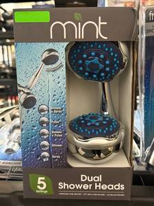 lot 1130 image: Mint Dual Shower Head System- 5 Spray Settings w 5 Metal Hose- Chrome&nbsp