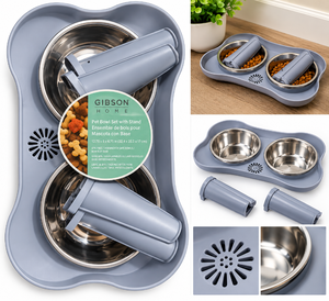 lot 1149 image: Gibson Home Bone Appetit Pet Bowl Set with Stand-BlueGray&nbsp