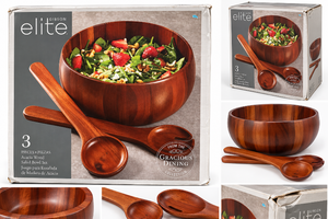 lot 1155 image: Gibson Elite Gracious Dining 3-Piece Acacia Wood Salad Bowl &amp Server Set&nbsp