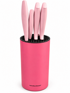lot 1160 image: Hamilton Beach 5-Piece Stainless Steel Kitchen Knife Set w Pink Storage Stand&nbsp