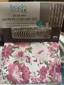 lot 1125 image: Fresh Home Pink Floral Jacquard Shower Curtain Set w 12 Silver Hooks  13 Pc