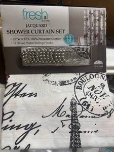 lot 1051 image: Fresh Home Paris Eiffel Tower Jacquard Shower Curtain Set w 12 Silver Hooks  13 Pc
