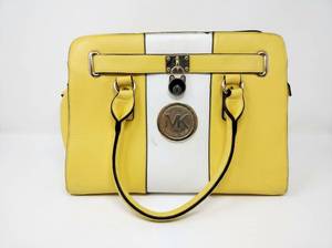 lot 63860 image: Michael Kors Hamilton collection Yellow Leather Handbag w White Stripe