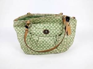 lot 63879 image: Coach Signature Tote Bag GreenCream w Leather Handles