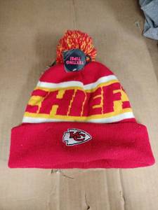 lot 63991 image: Kansas City Chiefs NFL Knit Beanie Hat w Pom and Cuff Red Yellow White
