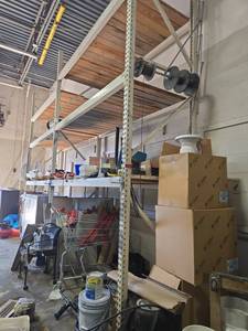 lot 14835 image: Industrial Steel Pallet Racking System w Wooden Shelves  Contents Not Included
