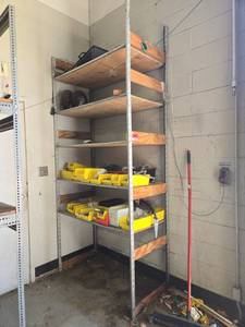 lot 14836 image: Industrial Steel Shelving Unit w Wood Shelves  Contents Not Included