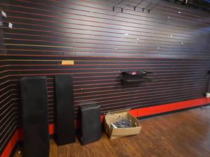 lot 14859 image: Collection of Wire Shelving, Shelving Parts, and Slat Wall