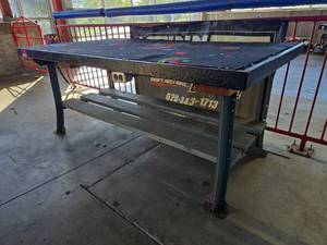 lot 14861 image: Metal and Wood Worktable with Carpet Top
